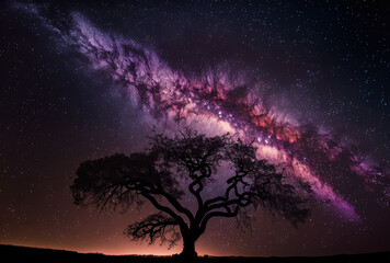 Obraz na płótnie Canvas Panorama of a tree silhouette and the stunning Milky Way in a night sky long exposure shot. Generative AI