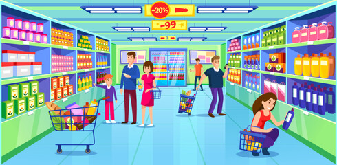 Supermarket interior design. Grocery shop interior. Store with discounts. A man, a woman and a family with a kid shopping. People buying products on a sale. Cartoon style vector illustration.