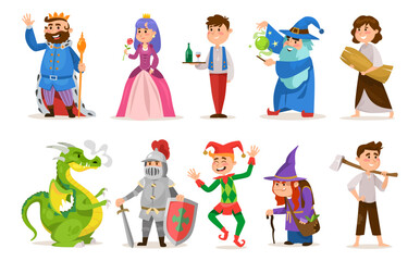 Fototapeta premium Fairytale character set for a medieval game isolated on white background. King, queen, sorcerer, peasant, dragon, knight, jester, witch, and main boy character. Cartoon style vector illustration.