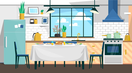Fototapeta na wymiar Modern cozy kitchen interior design in white color. Living space architecture: furniture, stove, cooking appliance, refrigerator, table. A window behind a countertop. Cartoon style vector illustration