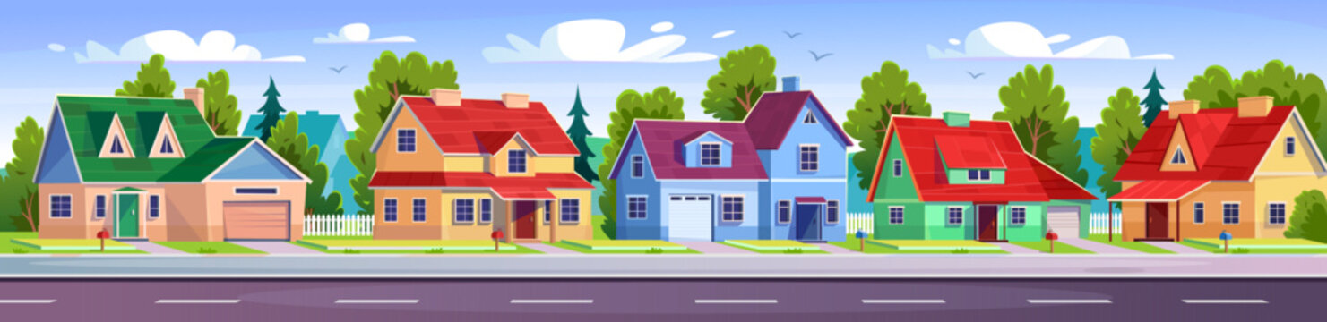 A row of residential houses on a suburban street near the road. Landscape view of a city neighborhood. House with a yard, a lawn and a garden. Cartoon style real estate. Vector illustration.