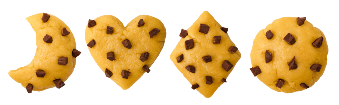 A set of cookies with pieces of chocolate, different shapes on a transparent background. Element for design. isolated object