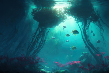 a realistic underwater environment with flora. Generative AI