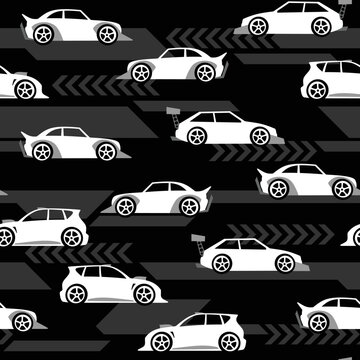 Sport cars seamless pattern. fun cartoon street racing cars for children fabric and fashion textile print. Vector background.