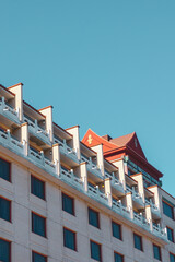 Typical Chinatown rooftop architecture hotel during a sunny day near modern architecture buildings near Downtown Old Port Montreal City Quebec Canada