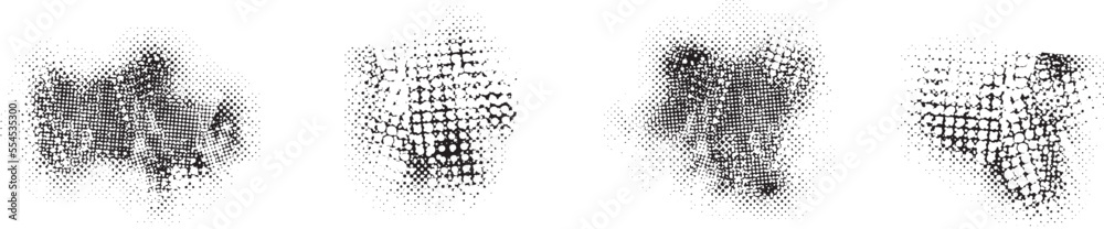 Poster Glitch distorted grungy abstract forms . Blob shape organic. Template for presentation, banner . Fluid isolated shape .Grunge textured . Liquid vector shapes with halftone dots .Screen print texture