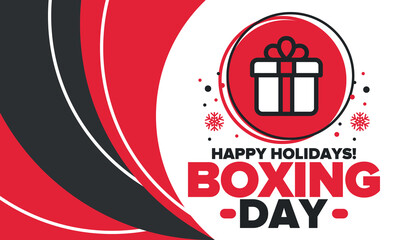 Boxing Day. Day after Christmas Day, when gifts are given! This holiday is associated with shopping and sporting events. Celebrated annually in the Great Britain on December 26th. Vector illustration