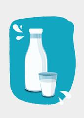 glass bottle and glass with milk on blue background