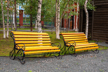 City yellow wooden bench on the street in the autumn park