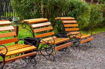 City yellow wooden bench on the street in the autumn park