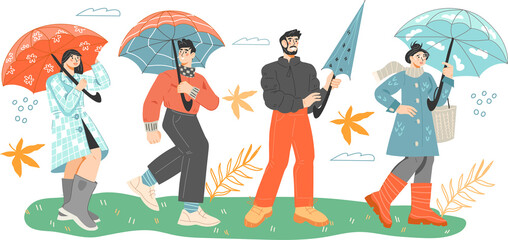 People walk with umbrellas on a rainy day. Autumn or spring rain weather.