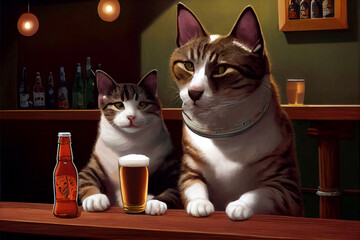 Two cats sitting in bar drinking beer