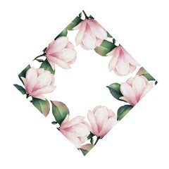 Hand drawn watercolor frame of pink magnolia flowers, isolated illustration on a white background