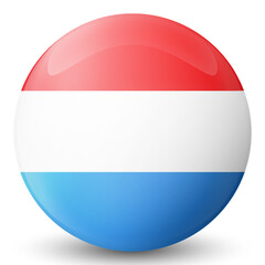 Glass ball with flag of Luxembourg. Round sphere, template icon. Luxembourgish national symbol. Glossy realistic ball, 3D abstract vector illustration highlighted on a white background. Big bubble.