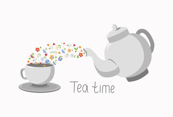 Useful herbal tea. Teapot and cup with saucer. Tea time, inscription. Lettering. Tea with flowers, leaves, berries. Ceramic ware. Vector illustration on isolated background.