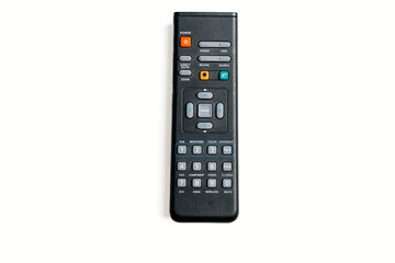 black remote control for home video projector on a white background. 