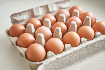 Eggs set. Many food protein. Colorful bright on background. Hard shadow. Easter sun box. Carton organic concept. Traditional cuisine top view. Flatlay