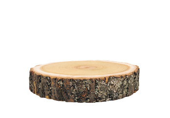 Wooden eco rustic pine tree wood circle disc platform podium on Png tranparent background. Minimal empty display product presentation scene.