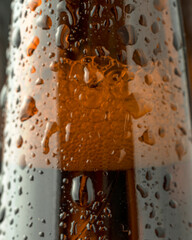 Cold beer in a brown bottle with large water drops on the glass surface. Dark craft beer