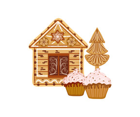 House, Christmas tree, cupcake, ginger treat with chocolate and caramel icing, on a transparent background, for printing on paper and fabric