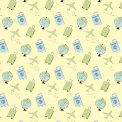 Yellow journey pattern with passport, airplane, suitcase.