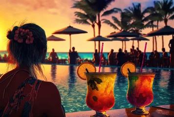 Fototapeten Drinking Hawaii mai tais while on vacation at Waikiki Beach's poolside bar. Cocktails with alcohol and a view of the ocean, luau celebrations at nightclub. Generative AI © 2rogan