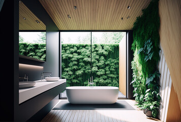 Fototapeta premium Close up of a wooden panel, a modern bathroom with a bathtub, a garden outside covered in ivy, and a wooden ceiling. Zen inspired minimalist interior design concept, modern architectural model