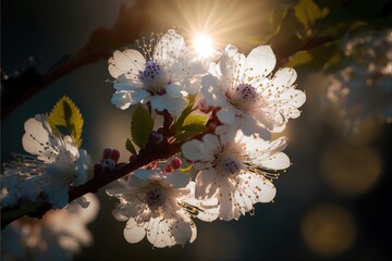 Obraz na płótnie Canvas Beautiful sakura branches close-up. Spring flowering cherry trees, sakura, background with spring flowers. AI