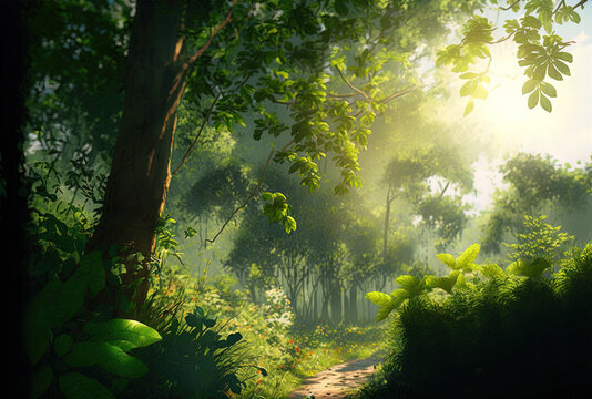 landscape image of lush, sun drenched greenery. Generative AI