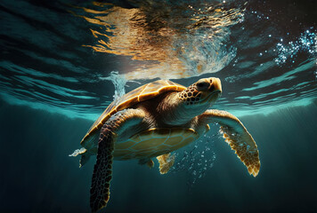 Obraz premium Turtle diving into the water. Generative AI