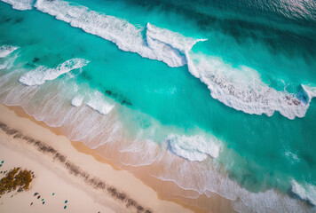 An aerial picture of a lovely beach. Drone aerial image of the beach's turquoise ocean with room for writing. aerial picture of a Caribbean beachfront beach with turquoise ocean and large waves. Aeria