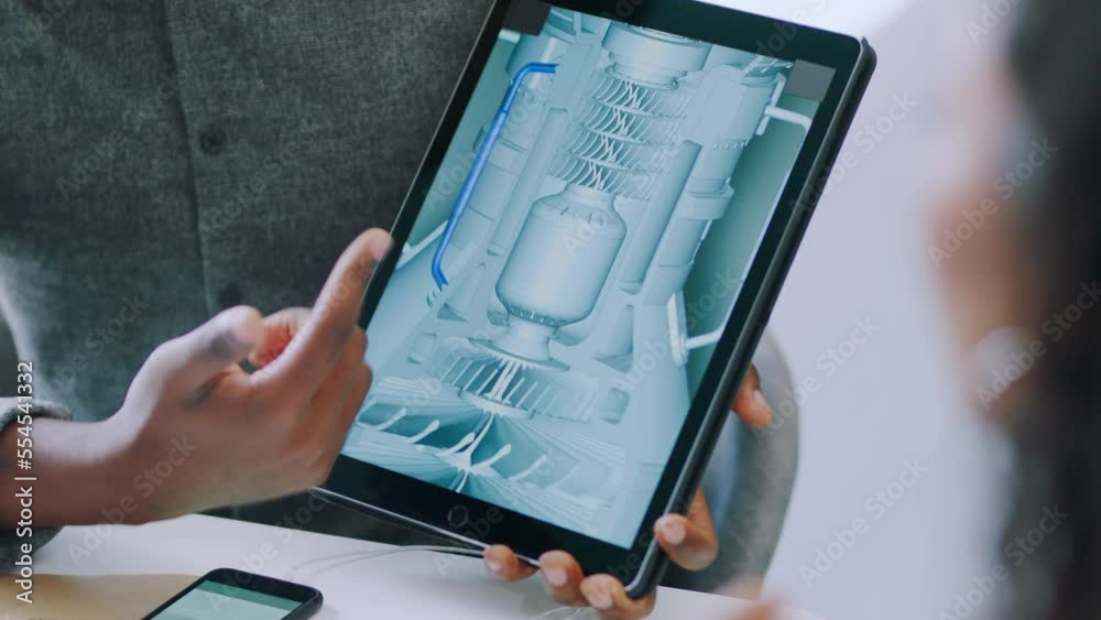 Poster Engineering, tablet design and hands of team work on interactive ui screen of engine turbine for industrial development plan. Solution, innovation and African engineer explain graphic 3d tech model