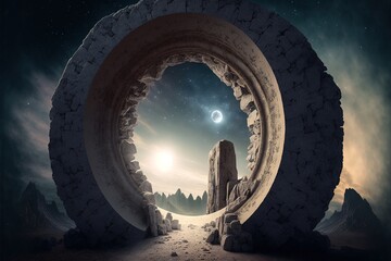 Stone round portal to another world. Stone ring, arch, circle in the mountains, a place of energy power. Fantasy landscape. AI - obrazy, fototapety, plakaty