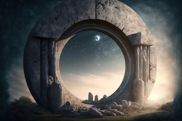 Stone round portal to another world. Stone ring, arch, circle in the mountains, a place of energy power. Fantasy landscape. AI