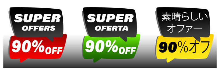 Obraz premium 90% off offer label,promotion for sales,promotional price,special offer,in english,portuguese,and japanese