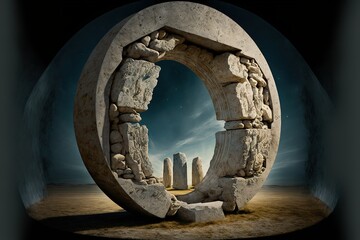 Stone round portal to another world. Stone ring, arch, circle in the mountains, a place of energy power. Fantasy landscape. AI