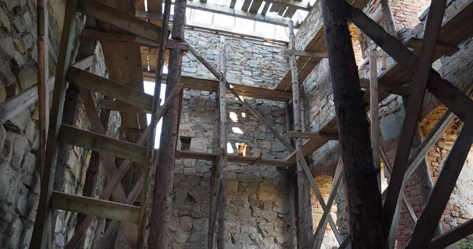 Building of ancient Pniv Castle - medieval historical object in Nadvornyansky district of Ivano-Frankivsk region of western Ukraine. Cinema 4K 60fps video