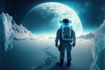 Astronaut on a cold snowy planet. Winter snowy landscape of Antarctica with a view of the planets. The astronaut looks into the cold future. AI