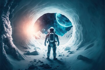 Fototapeta na wymiar Astronaut on a cold snowy planet. Winter snowy landscape of Antarctica with a view of the planets. The astronaut looks into the cold future. AI