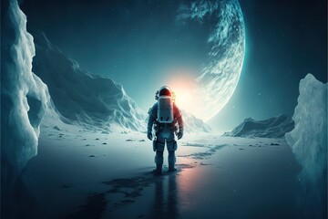 Fototapeta na wymiar Astronaut on a cold snowy planet. Winter snowy landscape of Antarctica with a view of the planets. The astronaut looks into the cold future. AI