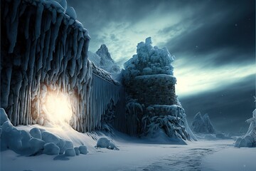 Fantasy winter frozen landscape with ice wall, End of the world, end of the earth. Dark night winter mountain landscape. AI