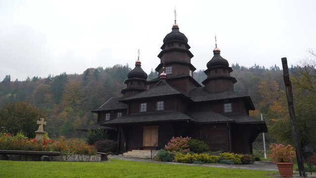 Church of Holy Prophet Ilya - unique architectural monument built in Hutsul style in shape of cross in Yaremche city, Carpathian Mountains in western Ukraine