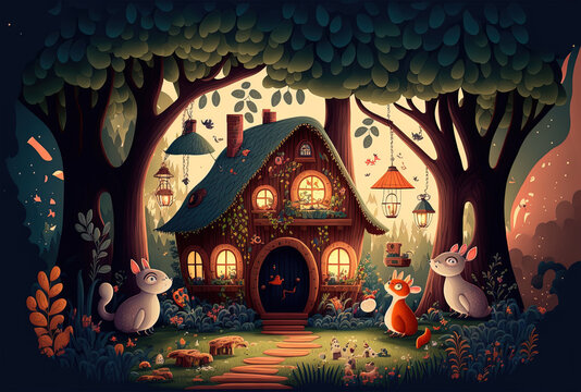 Happy Forest and Beautiful Little Animals' House. wonderful cartoon style Background, scene, or wallpaper design. Generative AI