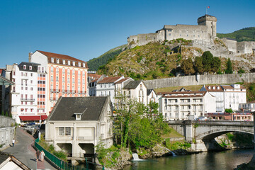 Fort Pyrenean castle and Ousse river, Lourdes, France