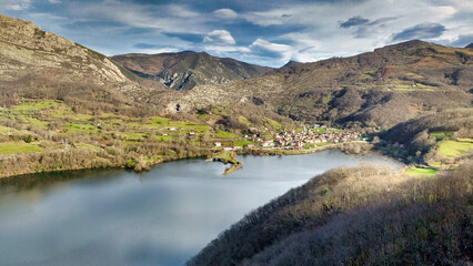 Rioseco village and reservoir, Sobrescobio municipality, Redes Natural Park, Asturias, Spain
