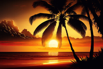 Background of a beach sunset with a coconut palm tree. Generative AI