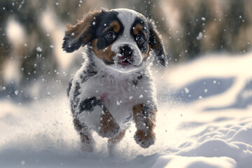 cute puppy dog play in  snow, Generative AI