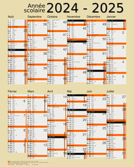 Calendrier scolaire 2024-2025, calques, vacances scolaires, Saints, 12 mois