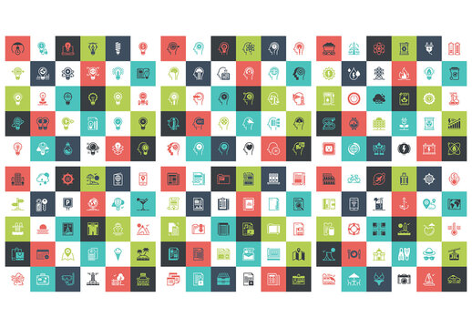 Vector set of 180 flat line web icons on following themes - files and documents, power and energy, travel and vacation, leisure and tourism, light bulbs, brain process