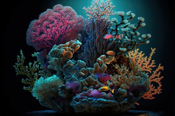 Underwater world, corals in the depths of the ocean. Sea flowers, underwater deep flora and fauna. Colorful neon corals. AI